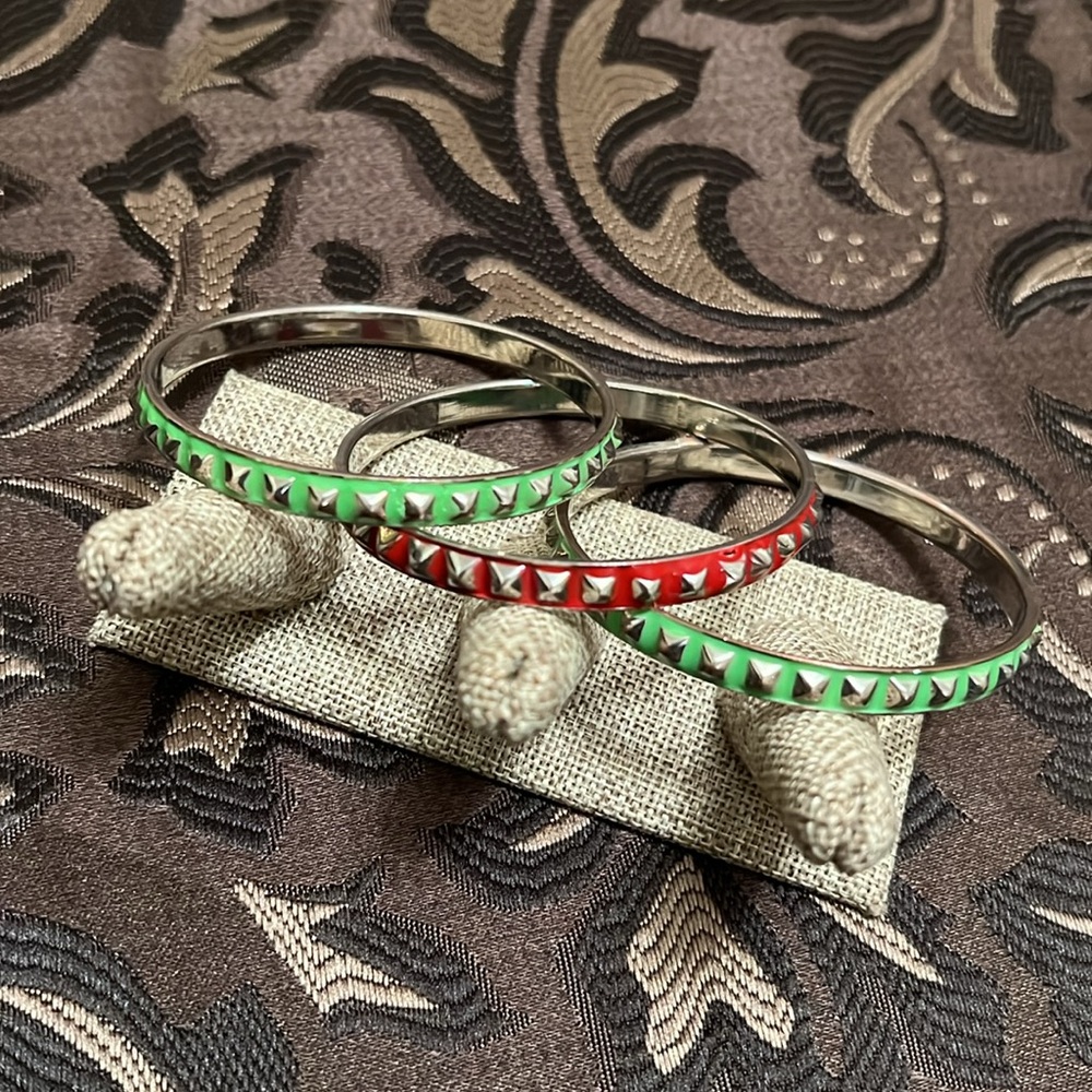 Set of 3 Green Red Enameled Studded Bangle Braceletlets OSFA